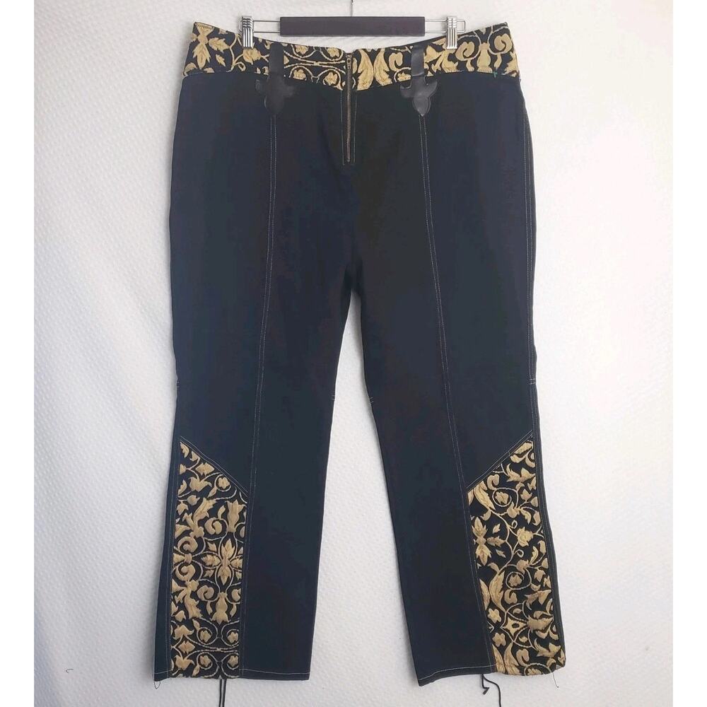Womens Western Rodeo Bootcut Jeans Black w/ Gold Embroidery & Faux Leather Sz 22